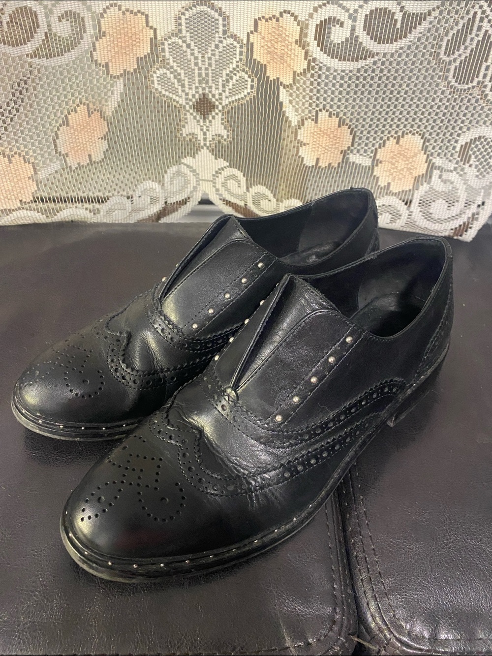 Classic Black Leather Brogue Slip-On Derbys